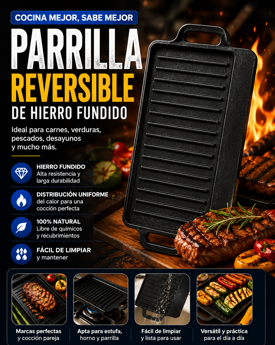 PARRILLA VOLKANA REVERSIBLE 2 EN 1 + ENVÍO GRATIS 🎁